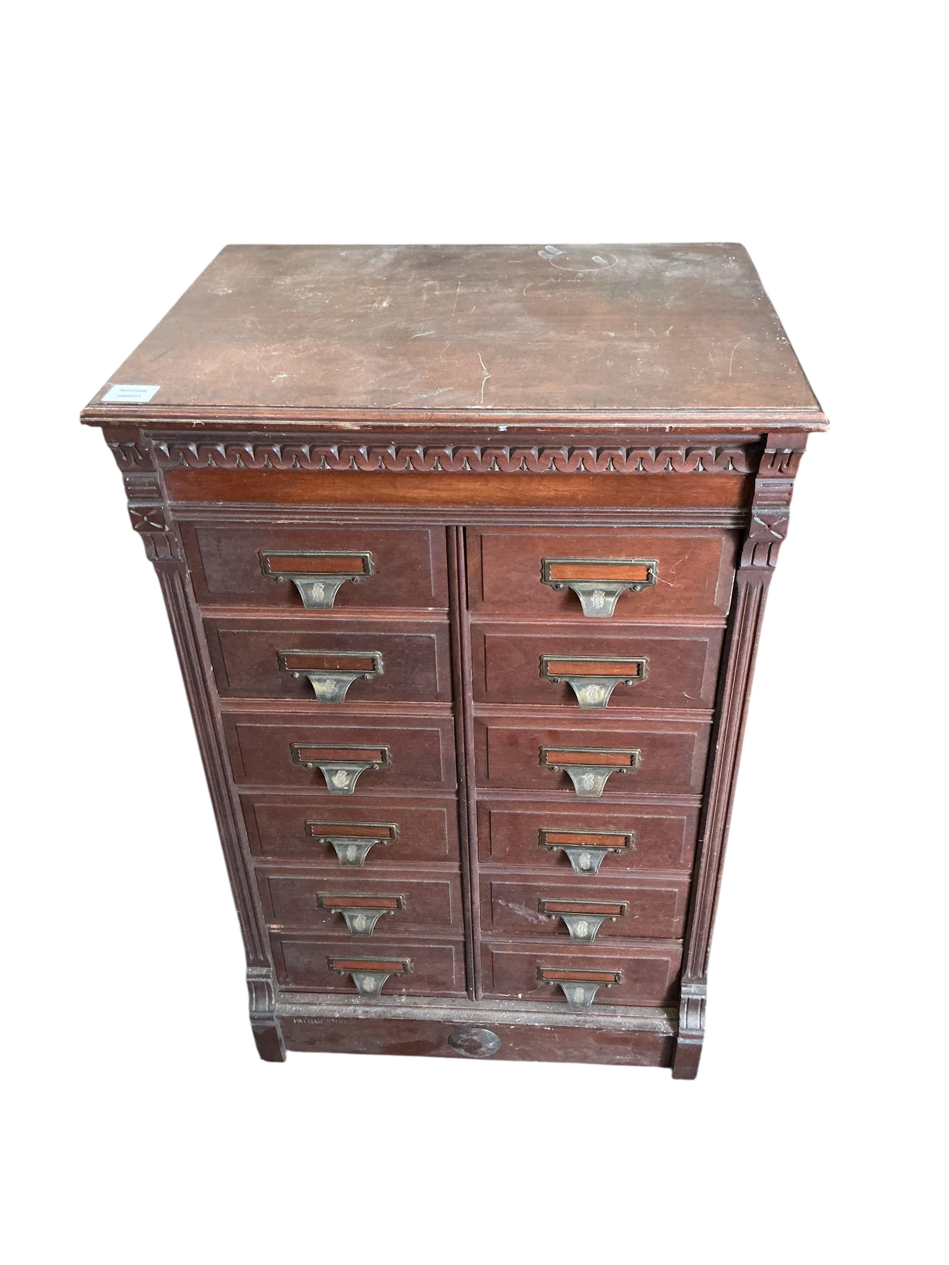 An early 20th century mahogany twelve drawer filing chest, width 62cm, depth 46cm, height 97cm